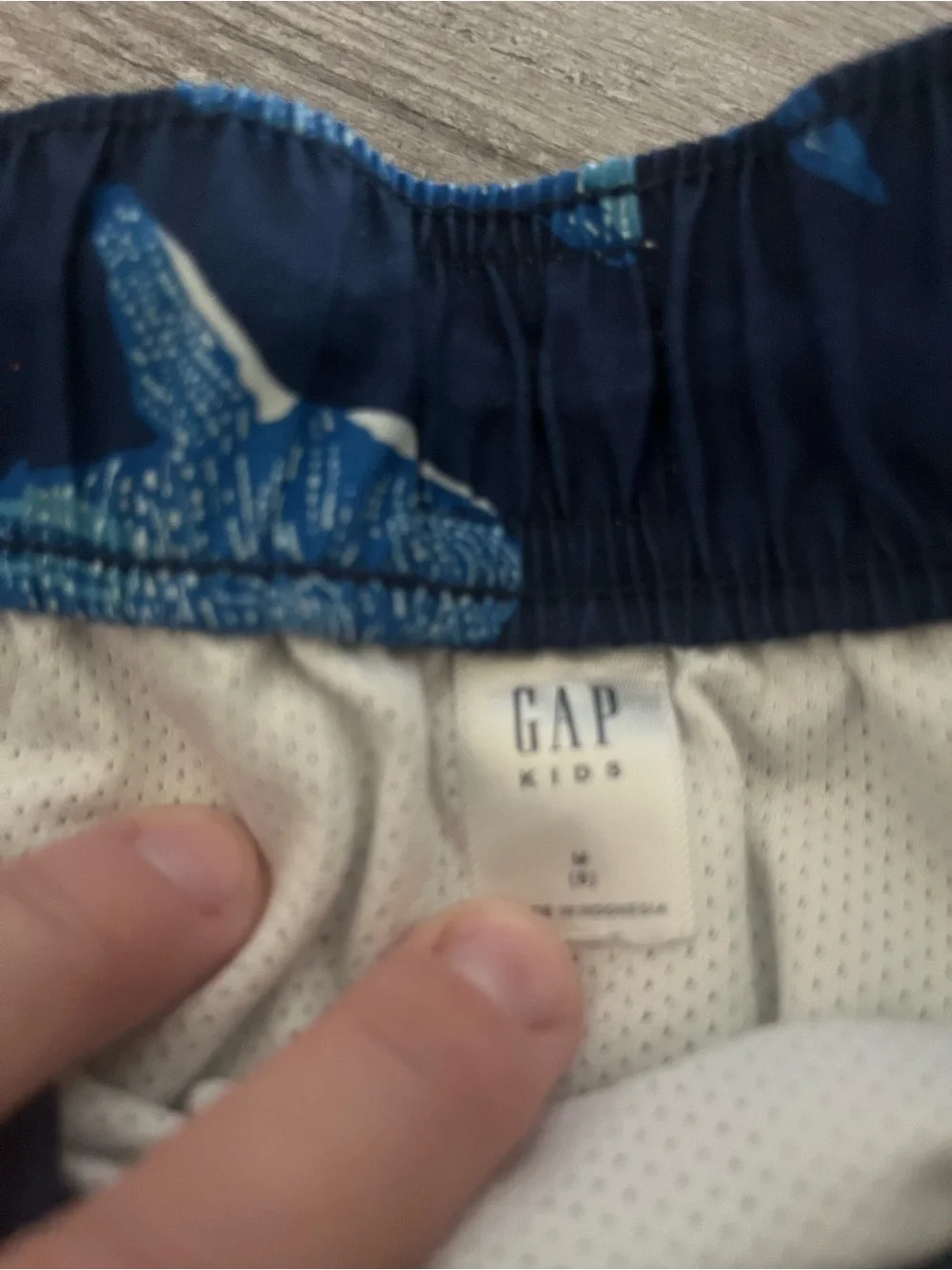 GAP Navy Shark Print Swim Shorts with Yellow Drawstring